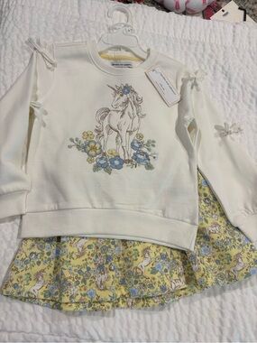 cupcakes & cashmere Cream Unicorn Sweatshirt Set with Yellow Floral Skirt